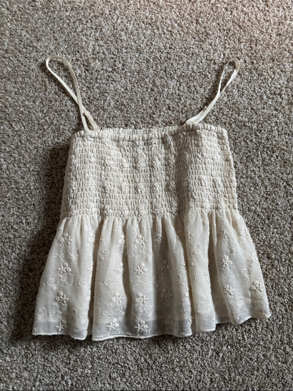 American Eagle Outfitters Cream Smocked Eyelet Ruffle Cami